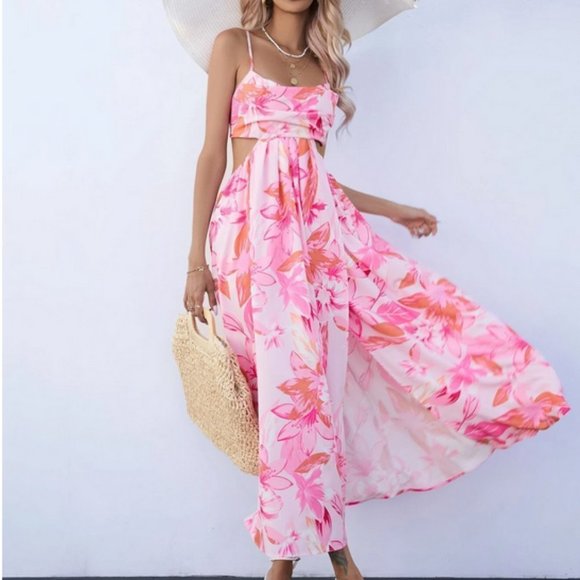 MODA ME COUTURE Dresses & Skirts - Floral print slit thigh cutout waist backless Maxi dress